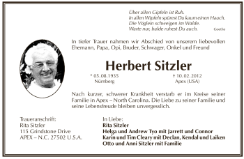 Traueranzeige von Herbert Sitzler von Pegnitz-Zeitung